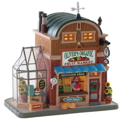 Lemax Village Oliver's Organic Fruit Market Lighted Building 85361
