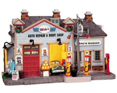 Lemax Village Mike's Auto Repair & Body Shop Lighted Building 85687