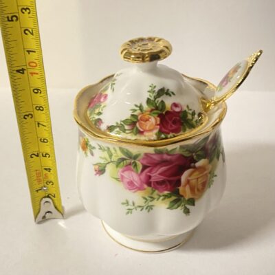 Royal Albert Old Country Roses Bone China Marmalade Jam Pot Lidded Gold Trim w/ Spoon - Image 2