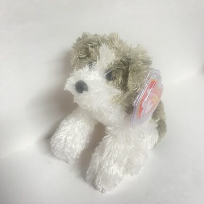 RARE Ty Beanie Baby Gray White Fetch Dog Stuffed Plush MWMT