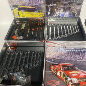 Set/ 3 Chevy Racing Box Hand Tool Set 
Large 12” Collectible Tin Chevrolet Automotive Mechanic Tools Metric & Standard Wrenches